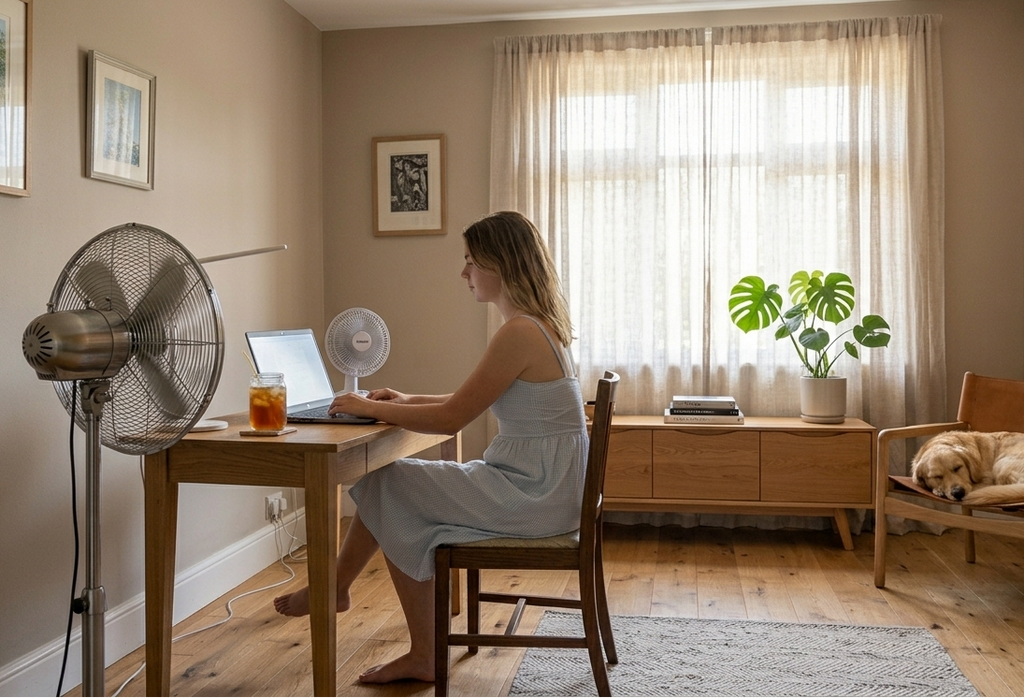 Staying cool and Working comfortably during a heatwave at home.