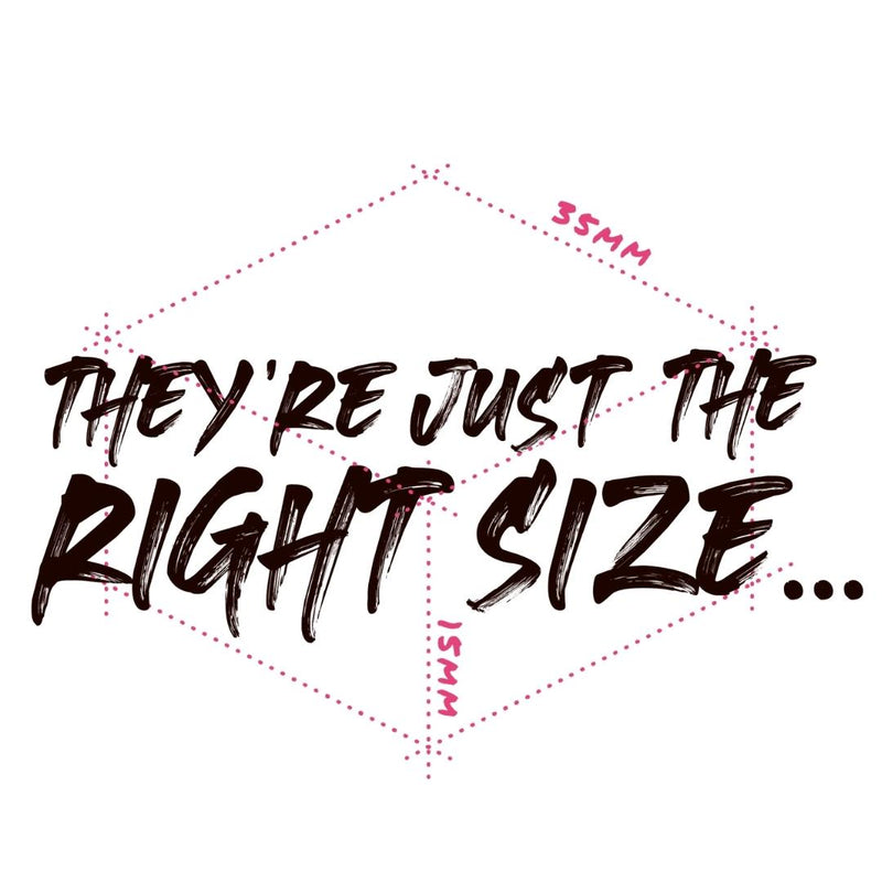 Bad Brownie perfect sized bites diagram of a cube with text in the middle saying They're just the right size